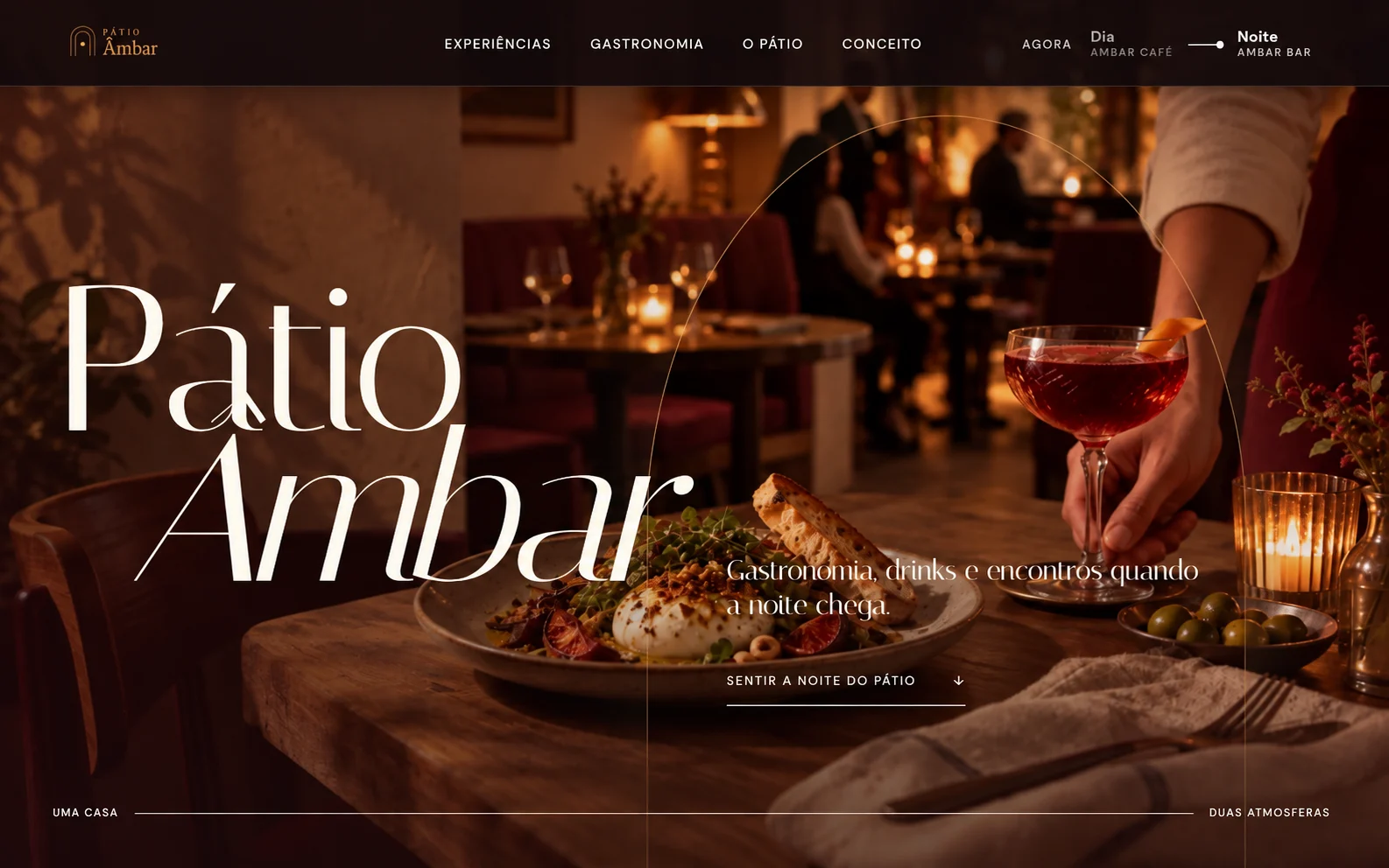 Interface conceitual Pátio Âmbar com gastronomia e atmosfera noturna