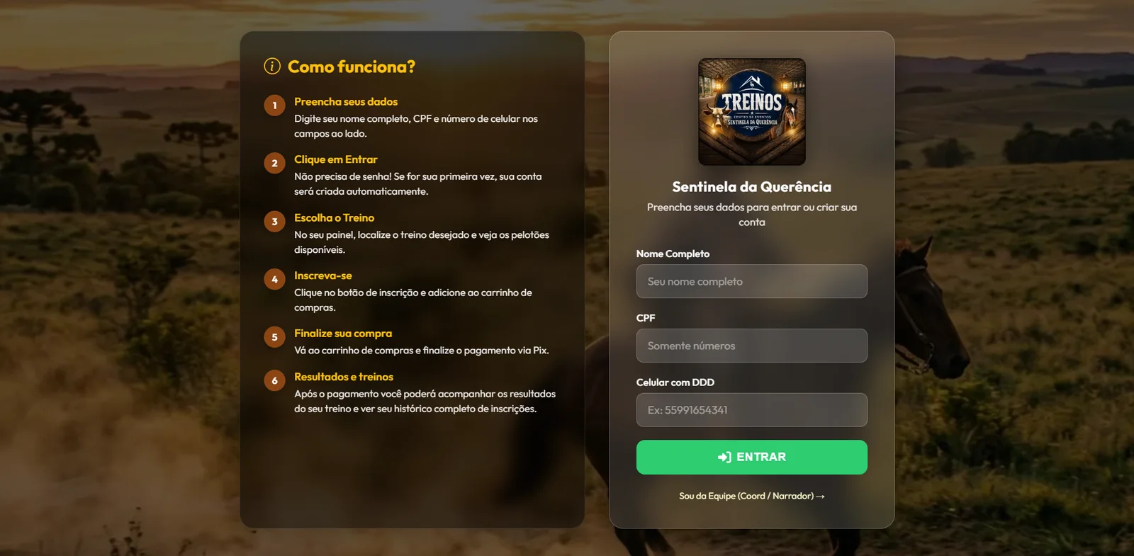 Tela de entrada e instruções da plataforma Sentinela Treinos